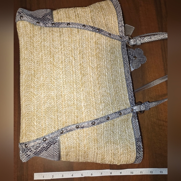 The COACH F21959 Alexandra Straw Tote with Python Leather Trim Silver Accents - Picture 9 of 14